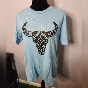Bella + Canvas Size Large Juniors Short Sleeve Shirt Aztec Bull/ Cow Skull